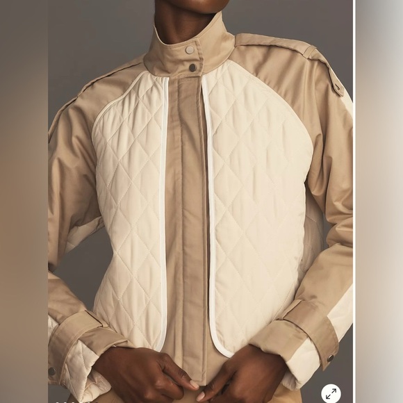 Anthropologie Quilt Mix Cropped Jacket. Khaki & Cream. Zipper front. Medium. NWT - Picture 1 of 12
